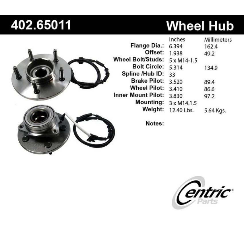 CENTRIC PARTS 402.65011 Centric Premium Hub and Bearing Assembly; With Integral ABS