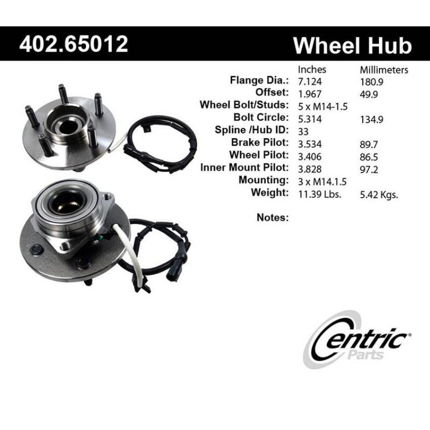 CENTRIC PARTS 402.65012 Centric Premium Hub and Bearing Assembly; With Integral ABS