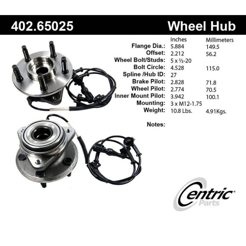 CENTRIC PARTS 402.65025 Centric Premium Hub and Bearing Assembly; With Integral ABS