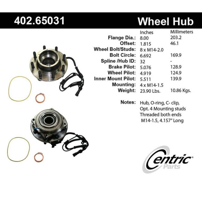 CENTRIC PARTS 402.65031 Centric Premium Hub and Bearing Assembly; With Integral ABS