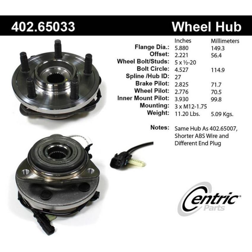 CENTRIC PARTS 402.65033 Centric Premium Hub and Bearing Assembly; With Integral ABS