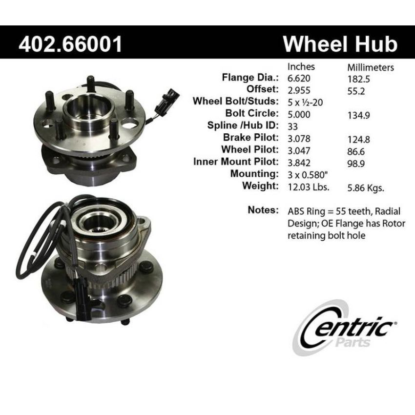 CENTRIC PARTS 402.66001 Centric Premium Hub and Bearing Assembly; With Integral ABS