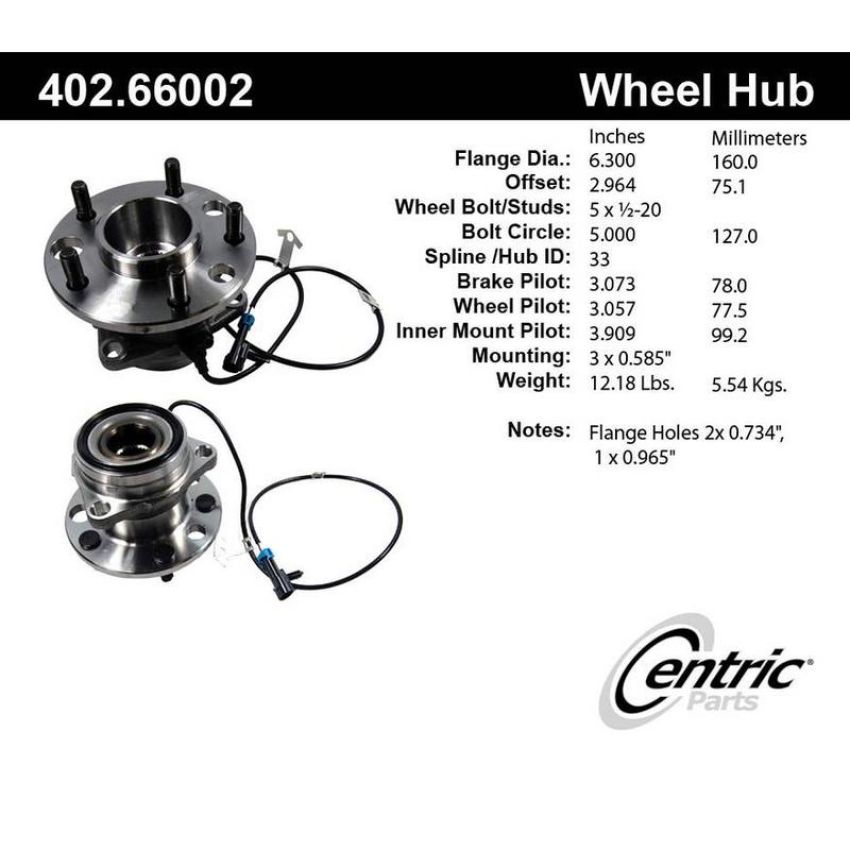 CENTRIC PARTS 402.66002 Centric Premium Hub and Bearing Assembly; With Integral ABS