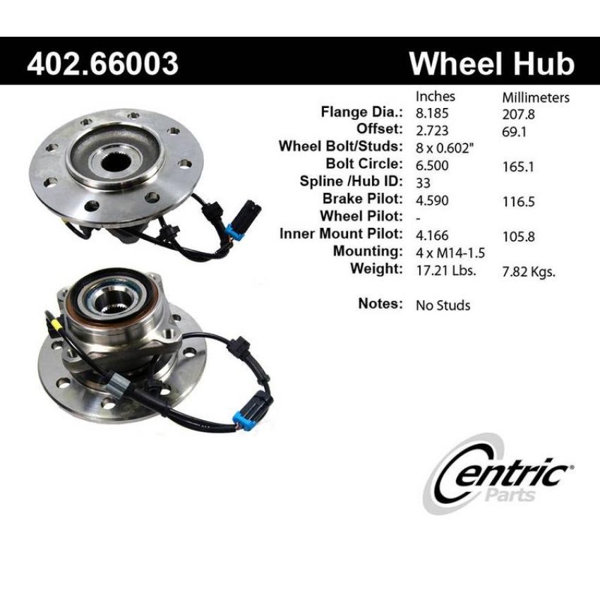 CENTRIC PARTS 402.66003 Centric Premium Hub and Bearing Assembly; With Integral ABS