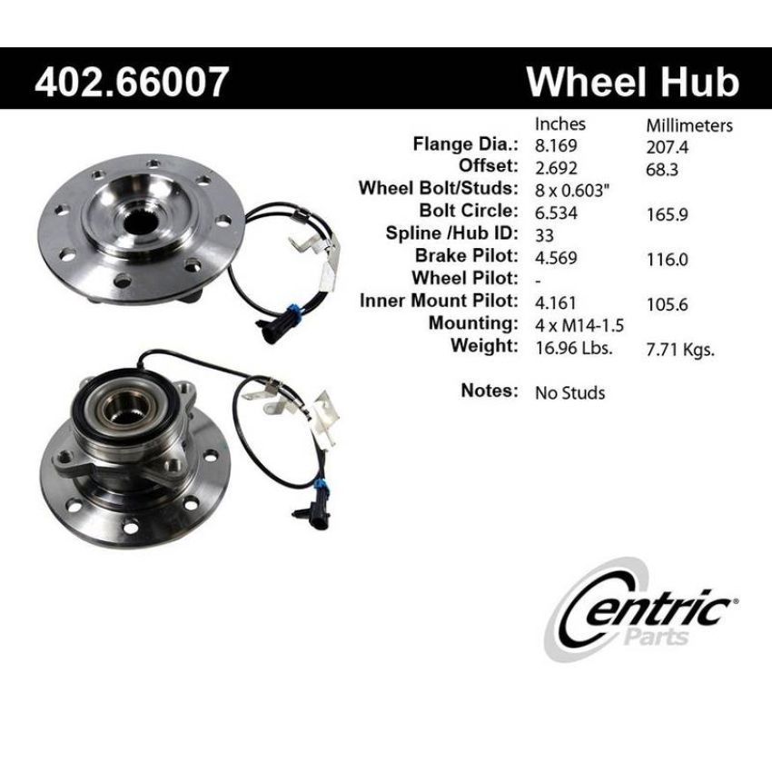 CENTRIC PARTS 402.66007 Centric Premium Hub and Bearing Assembly; With Integral ABS