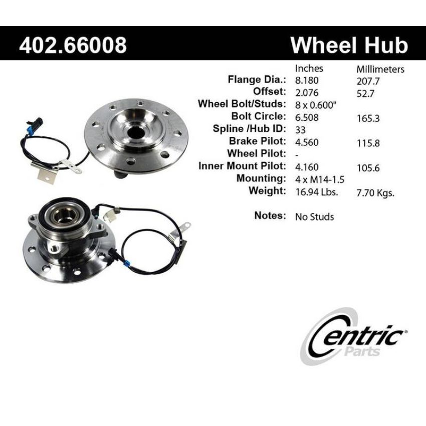 CENTRIC PARTS 402.66008 Centric Premium Hub and Bearing Assembly; With Integral ABS