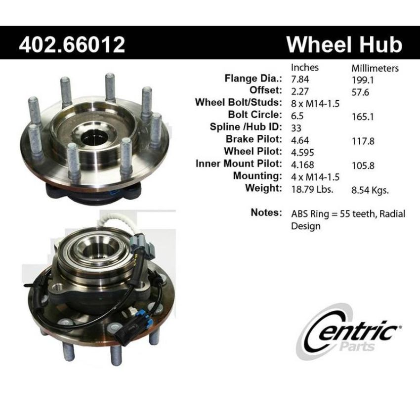 CENTRIC PARTS 402.66012 Centric Premium Hub and Bearing Assembly; With Integral ABS
