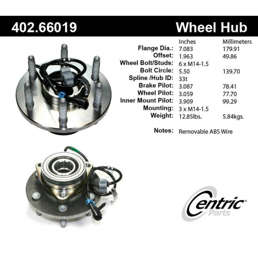 CENTRIC PARTS 402.66019 Centric Premium Hub and Bearing Assembly; With Integral ABS
