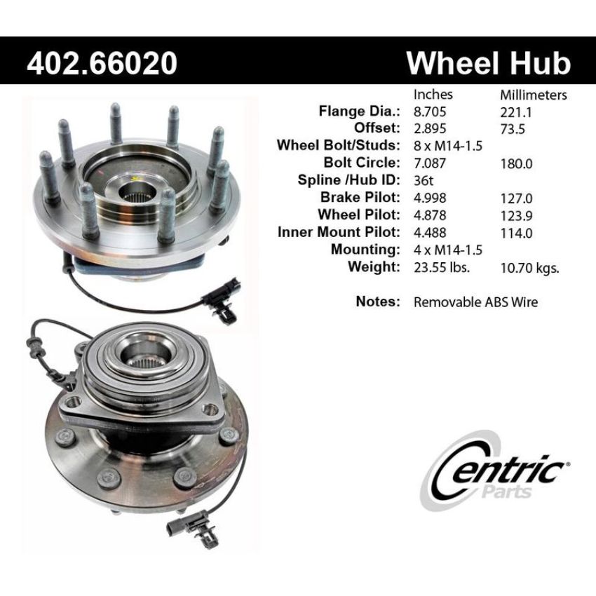 CENTRIC PARTS 402.66020 Centric Premium Hub and Bearing Assembly; With Integral ABS