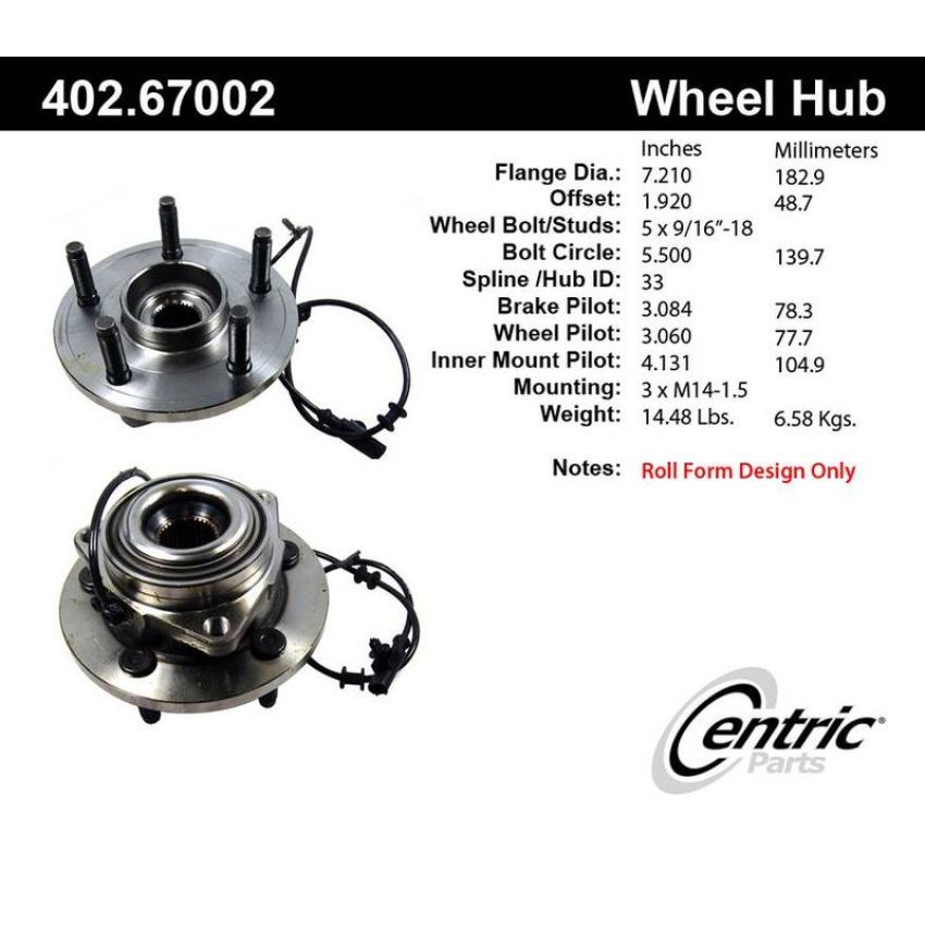 CENTRIC PARTS 402.67002 Centric Premium Hub and Bearing Assembly; With Integral ABS