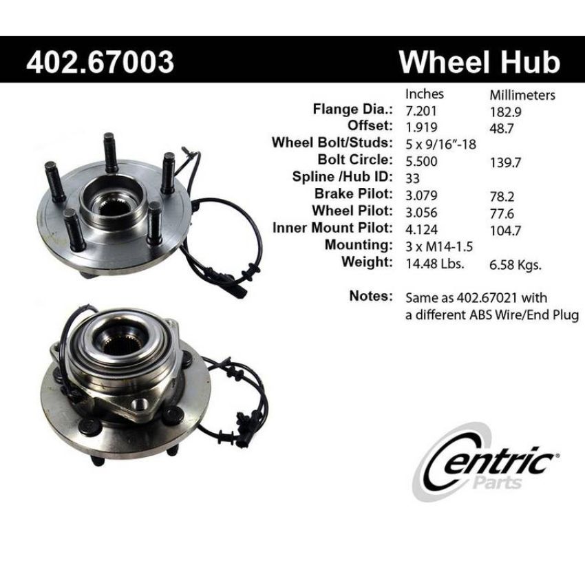 CENTRIC PARTS 402.67003 Centric Premium Hub and Bearing Assembly; With Integral ABS