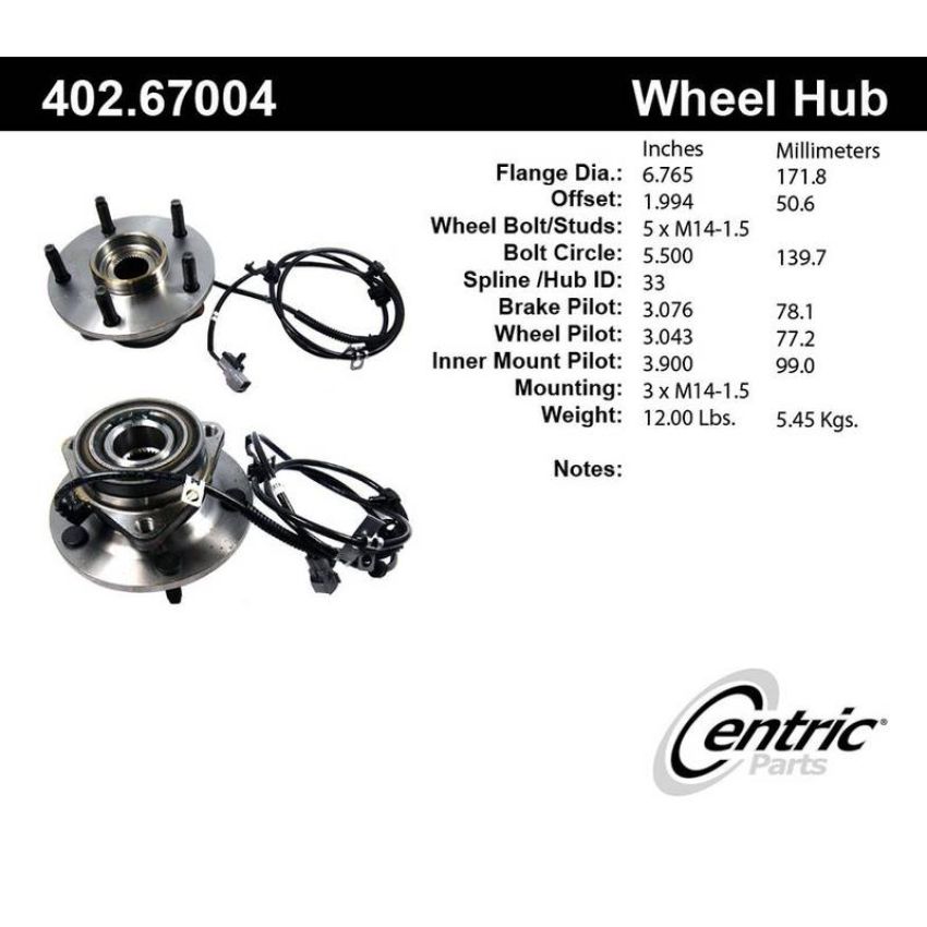 CENTRIC PARTS 402.67004 Centric Premium Hub and Bearing Assembly; With Integral ABS