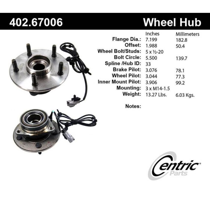 CENTRIC PARTS 402.67006 Centric Premium Hub and Bearing Assembly; With Integral ABS