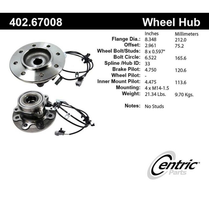 CENTRIC PARTS 402.67008 Centric Premium Hub and Bearing Assembly; With Integral ABS
