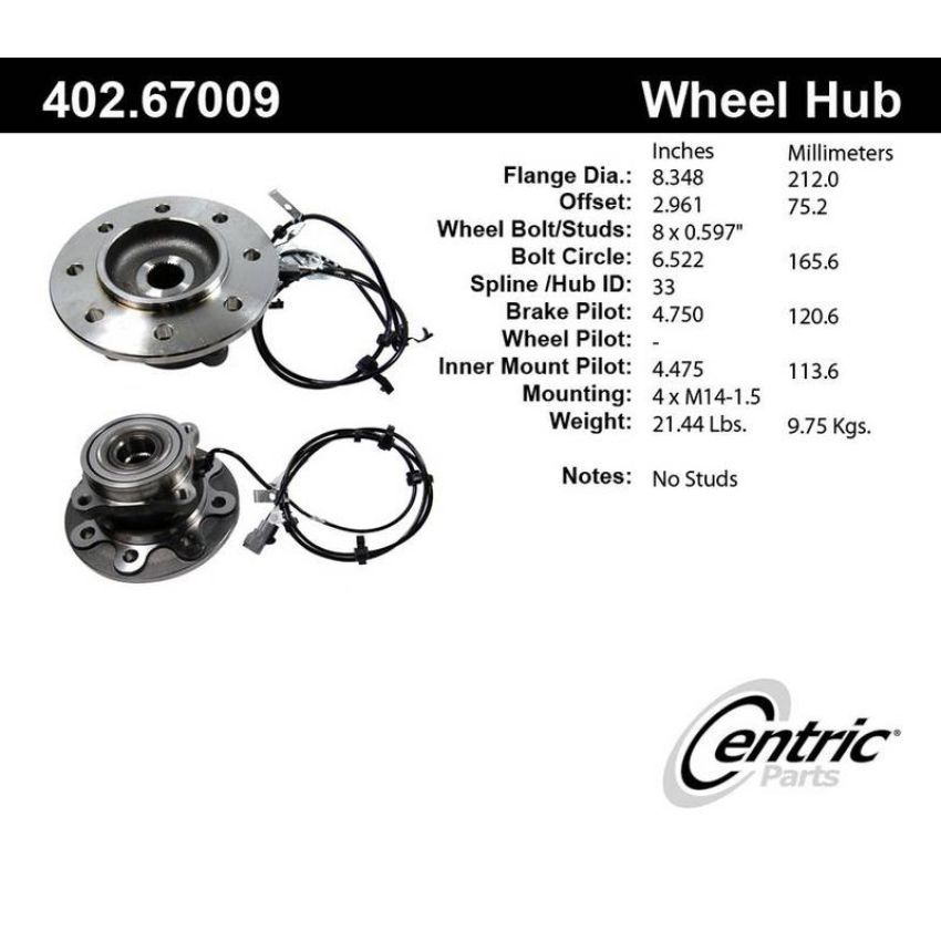 CENTRIC PARTS 402.67009 Centric Premium Hub and Bearing Assembly; With Integral ABS