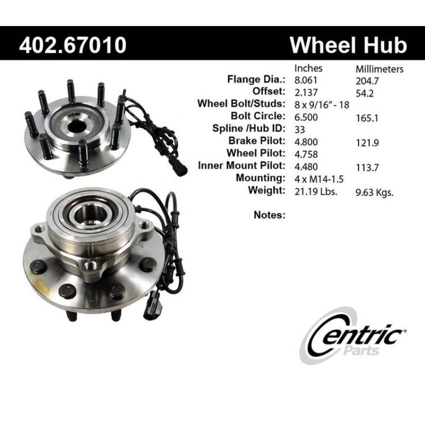 CENTRIC PARTS 402.67010 Centric Premium Hub and Bearing Assembly; With Integral ABS