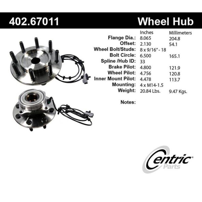 CENTRIC PARTS 402.67011 Centric Premium Hub and Bearing Assembly; With Integral ABS