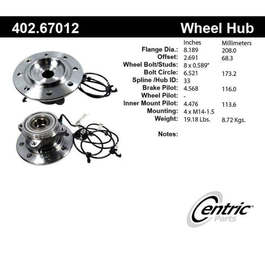 CENTRIC PARTS 402.67012 Centric Premium Hub and Bearing Assembly; With Integral ABS