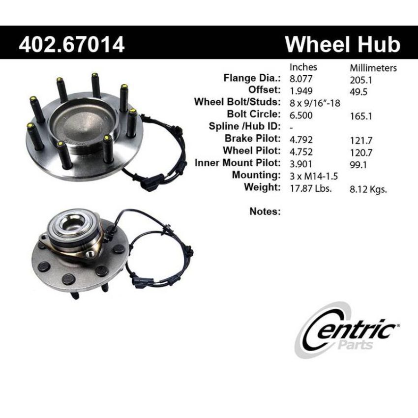 CENTRIC PARTS 402.67014 Centric Premium Hub and Bearing Assembly; With Integral ABS
