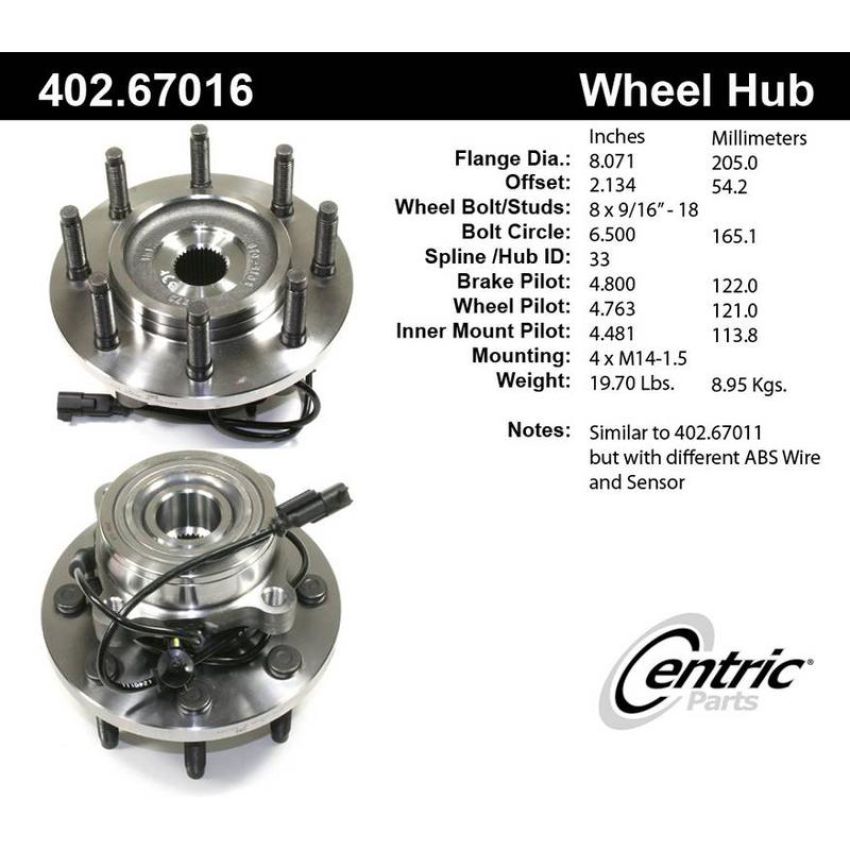 CENTRIC PARTS 402.67016 Centric Premium Hub and Bearing Assembly; With Integral ABS