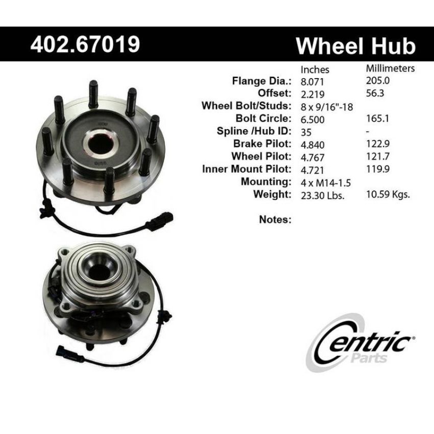 CENTRIC PARTS 402.67019 Centric Premium Hub and Bearing Assembly; With Integral ABS