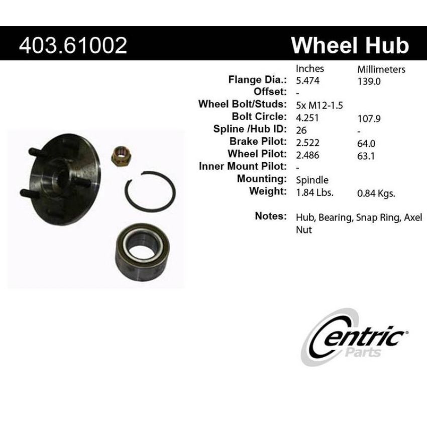 CENTRIC PARTS 403.61002 Centric Premium Hub and Bearing Hub Assembly Repair Kit