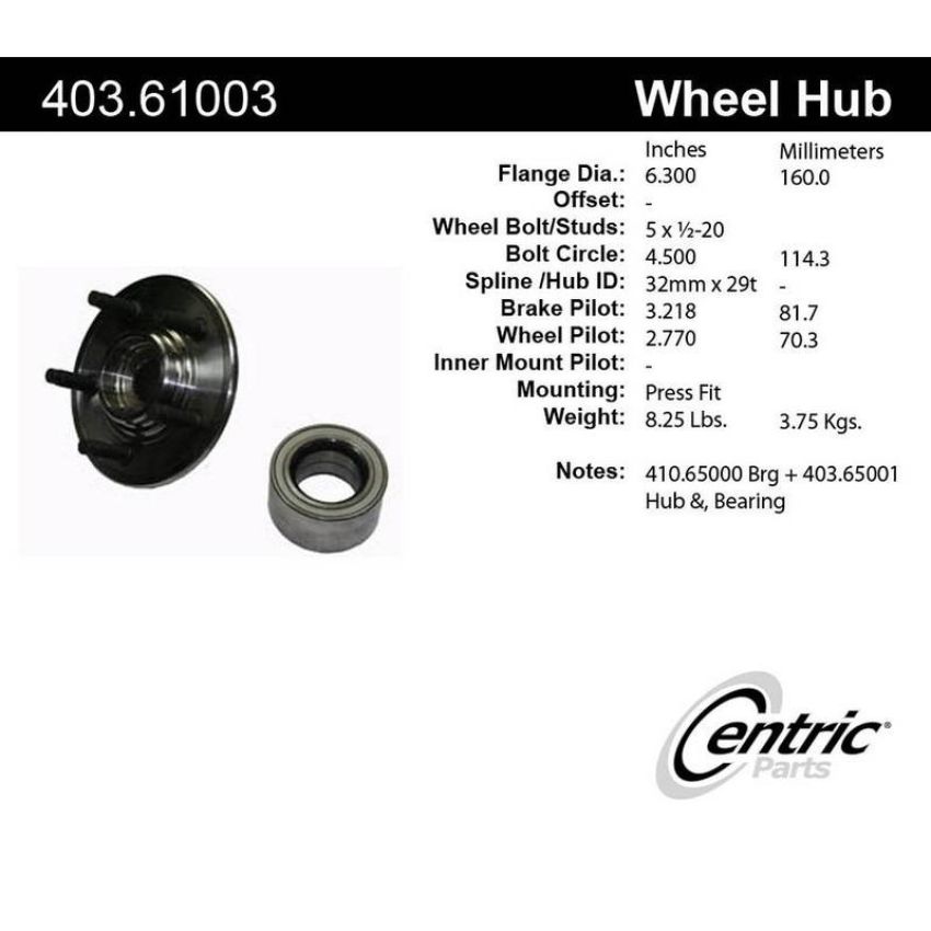 CENTRIC PARTS 403.61003 Centric Premium Hub and Bearing Hub Assembly Repair Kit