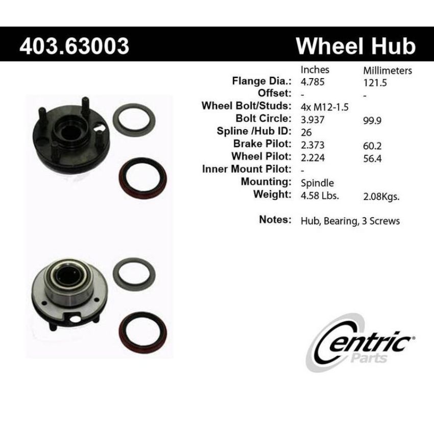 CENTRIC PARTS 403.63003 Centric Premium Hub and Bearing Hub Assembly Repair Kit