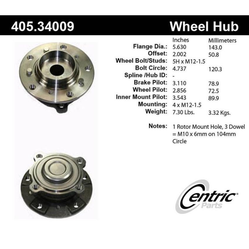 CENTRIC PARTS 405.34009 Centric Premium Hub and Bearing Assembly