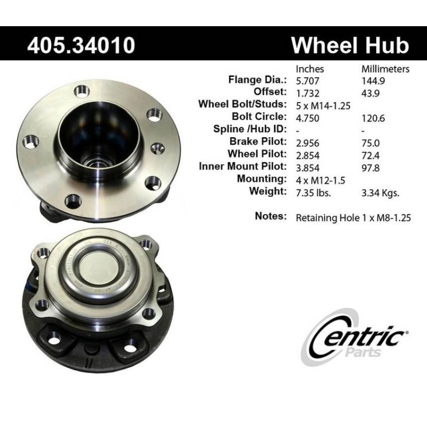 CENTRIC PARTS 405.34010 Centric Premium Hub and Bearing Assembly; With ABS