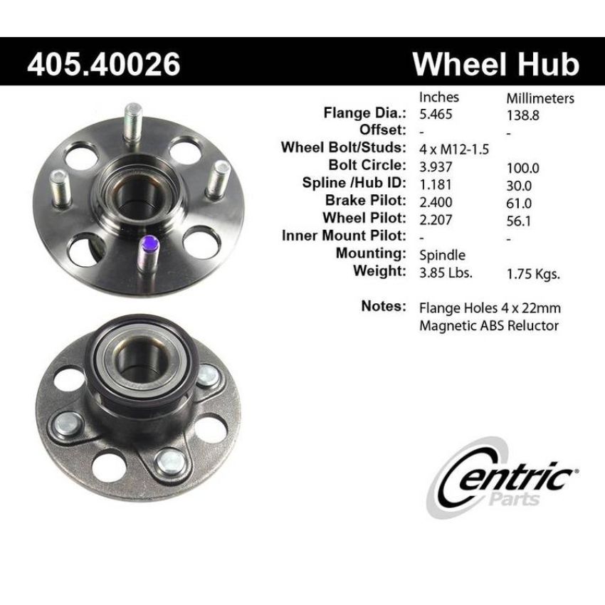 CENTRIC PARTS 405.40026 Centric Premium Hub and Bearing Assembly; With ABS