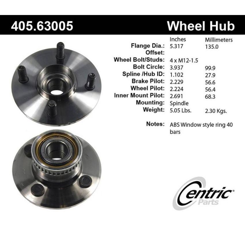 CENTRIC PARTS 405.63005 Centric Premium Hub and Bearing Assembly; With ABS