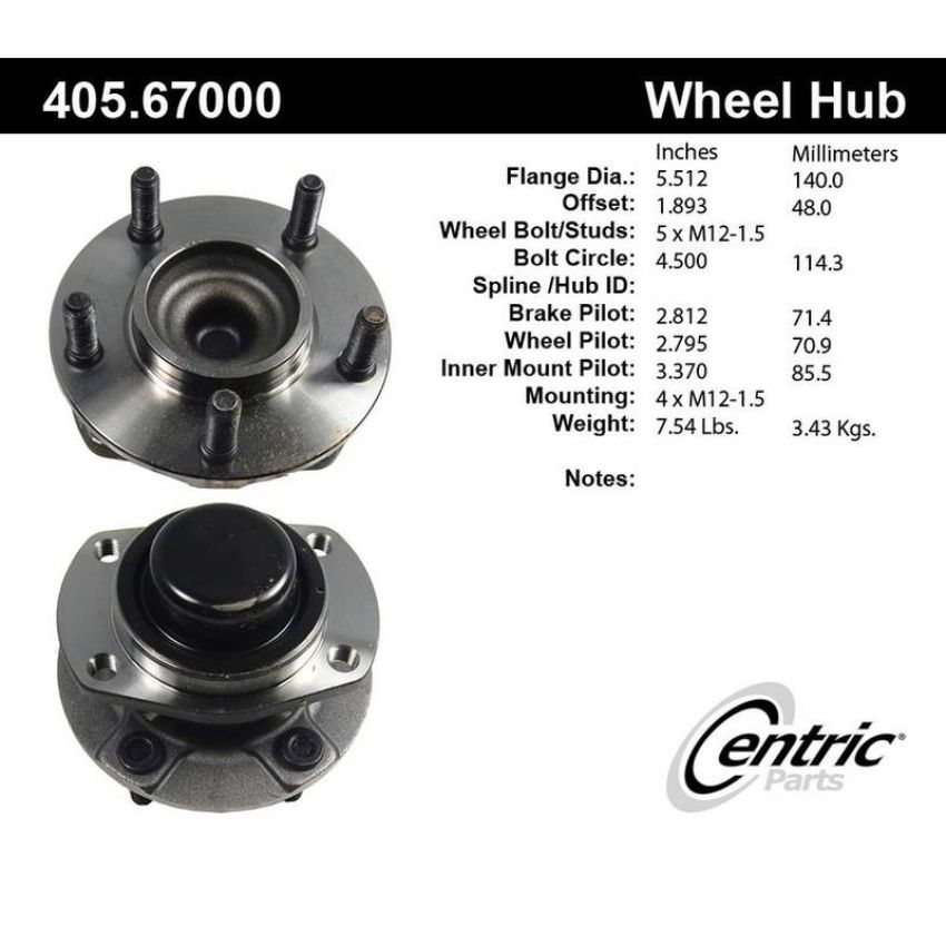 CENTRIC PARTS 405.67000 Centric Premium Hub and Bearing Assembly