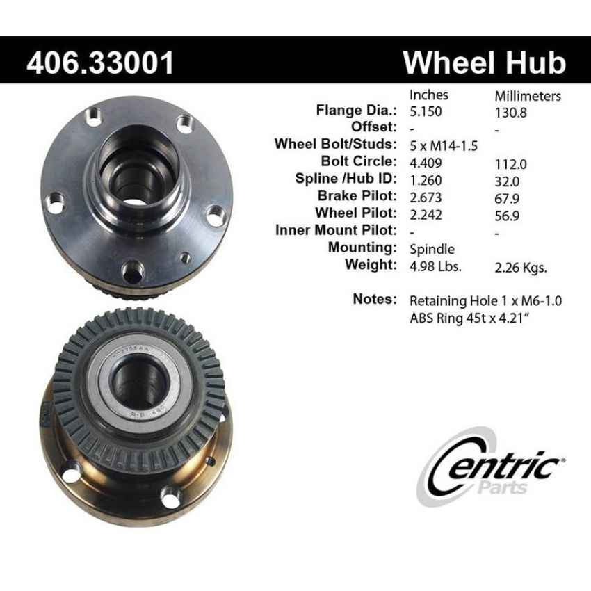 CENTRIC PARTS 406.33001 Centric Premium Hub and Bearing Assembly