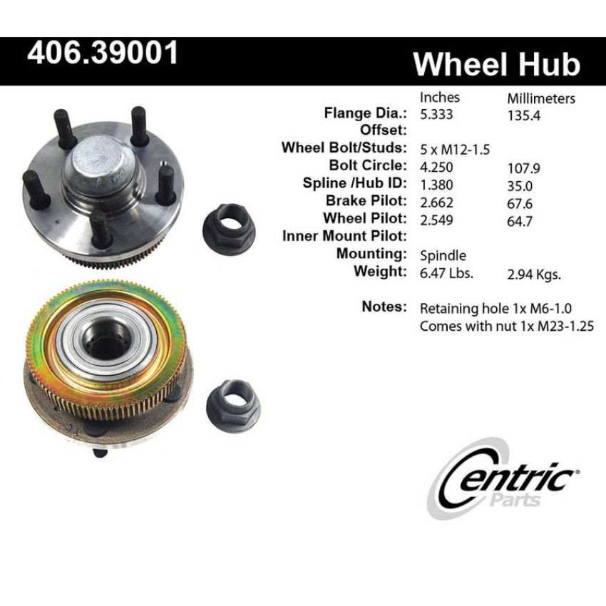 CENTRIC PARTS 406.39001 Centric Premium Hub and Bearing Assembly