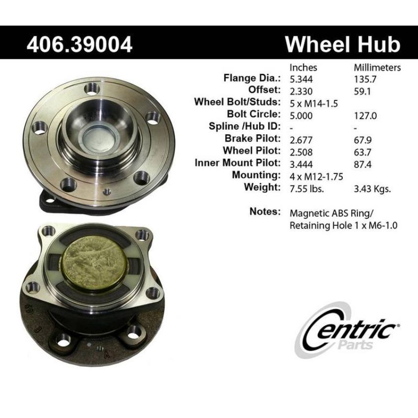 CENTRIC PARTS 406.39004 Centric Premium Hub and Bearing Assembly; With ABS