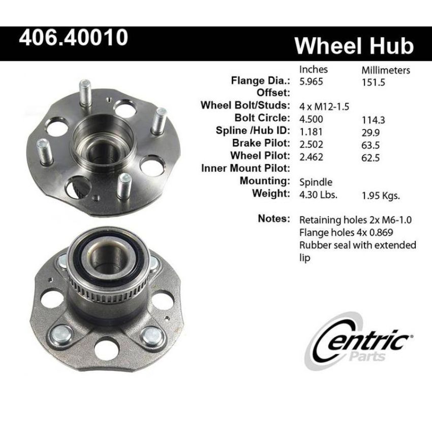 CENTRIC PARTS 406.40010 Centric Premium Hub and Bearing Assembly; With ABS
