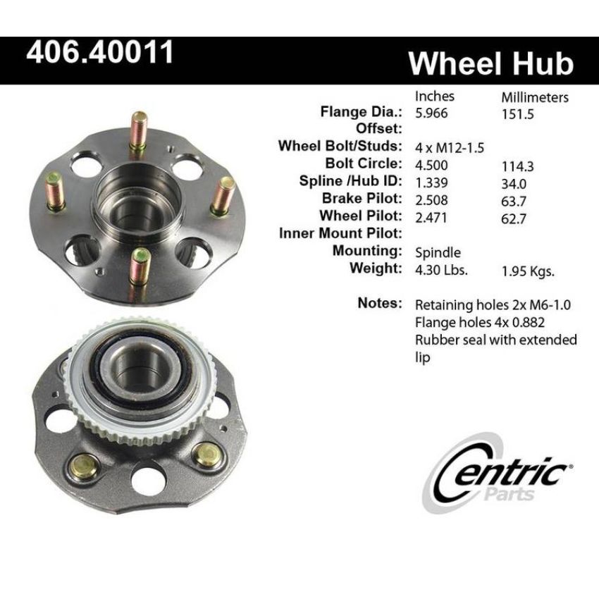 CENTRIC PARTS 406.40011 Centric Premium Hub and Bearing Assembly; With ABS