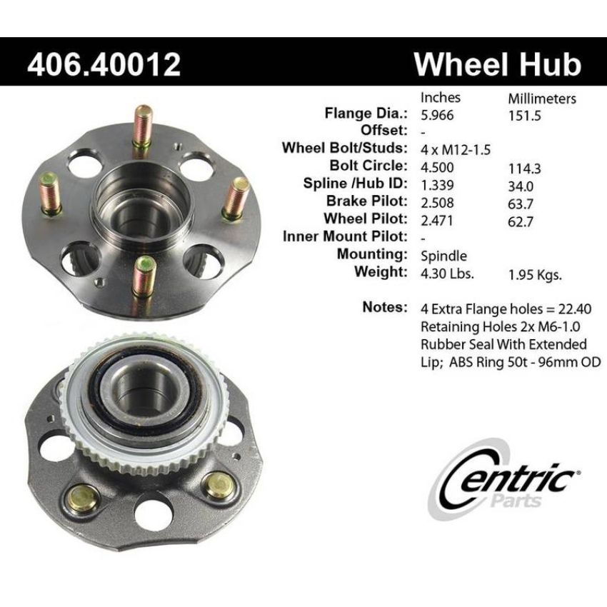 CENTRIC PARTS 406.40012 Centric Premium Hub and Bearing Assembly; With ABS