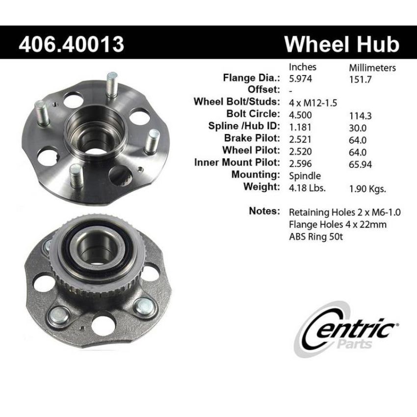 CENTRIC PARTS 406.40013 Centric Premium Hub and Bearing Assembly; With ABS