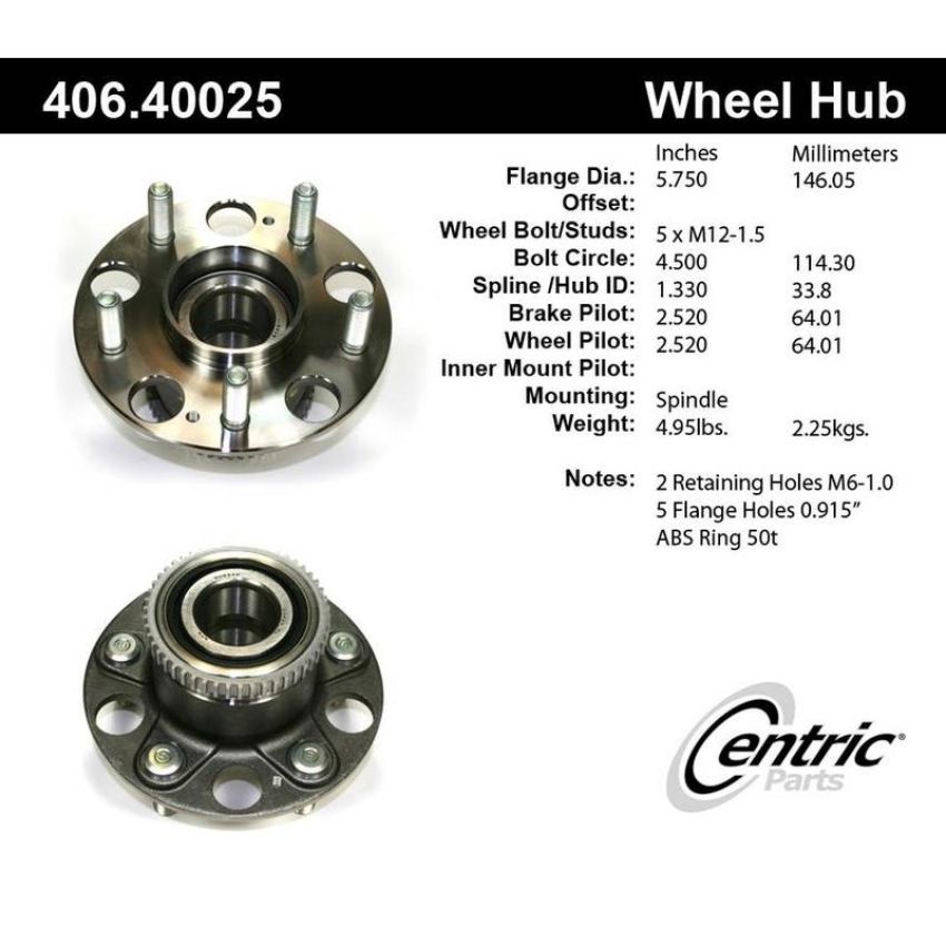 CENTRIC PARTS 406.40025 Centric Premium Hub and Bearing Assembly; With ABS