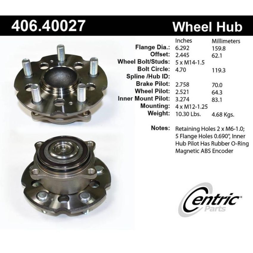 CENTRIC PARTS 406.40027 Centric Premium Hub and Bearing Assembly; With ABS