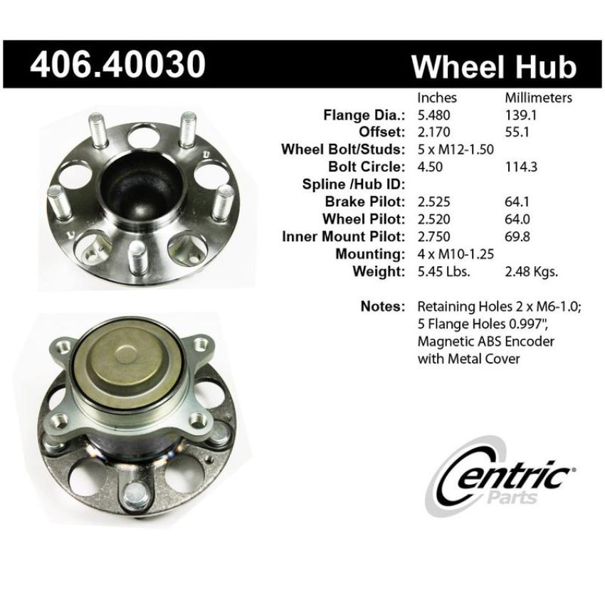CENTRIC PARTS 406.40030 Centric Premium Hub and Bearing Assembly; With ABS