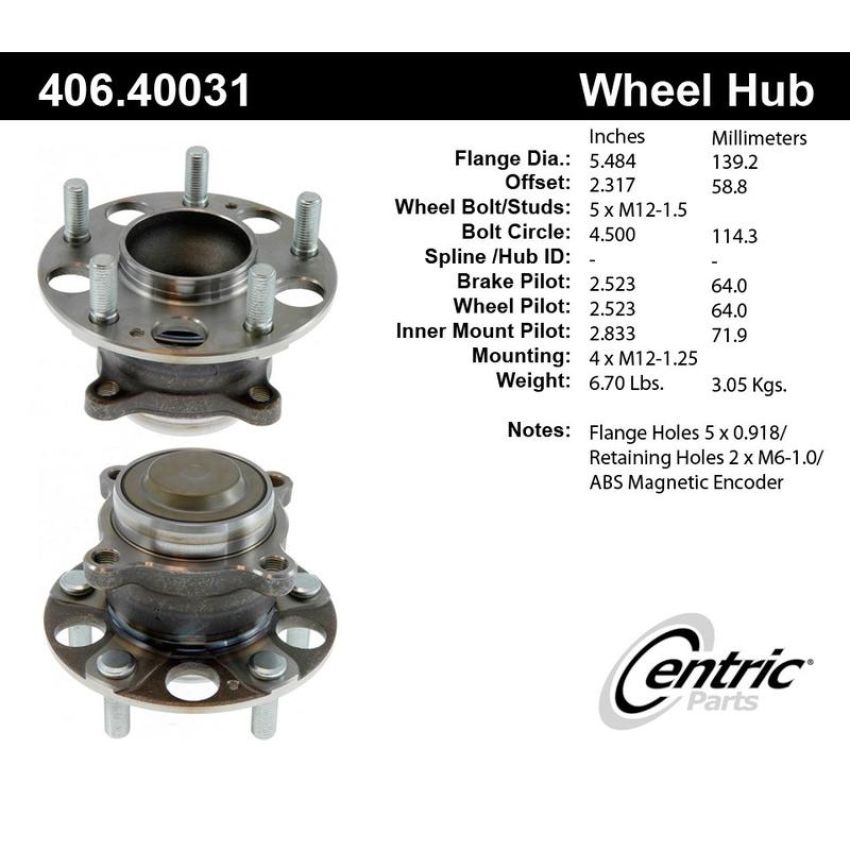 CENTRIC PARTS 406.40031 Centric Premium Hub and Bearing Assembly
