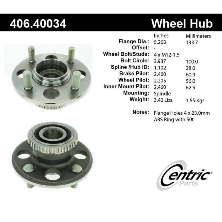 CENTRIC PARTS 406.40034 Centric Premium Hub and Bearing Assembly; With ABS