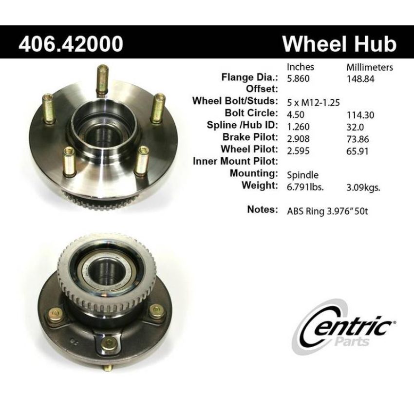 CENTRIC PARTS 406.42000 Centric Premium Hub and Bearing Assembly; With ABS