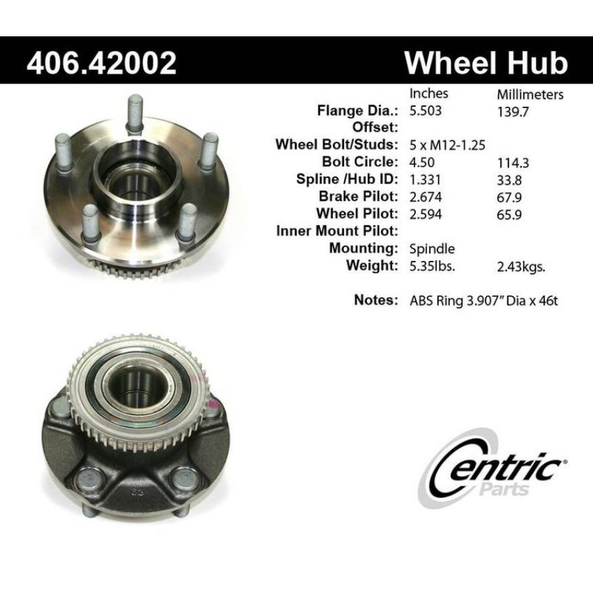 CENTRIC PARTS 406.42002 Centric Premium Hub and Bearing Assembly; With ABS