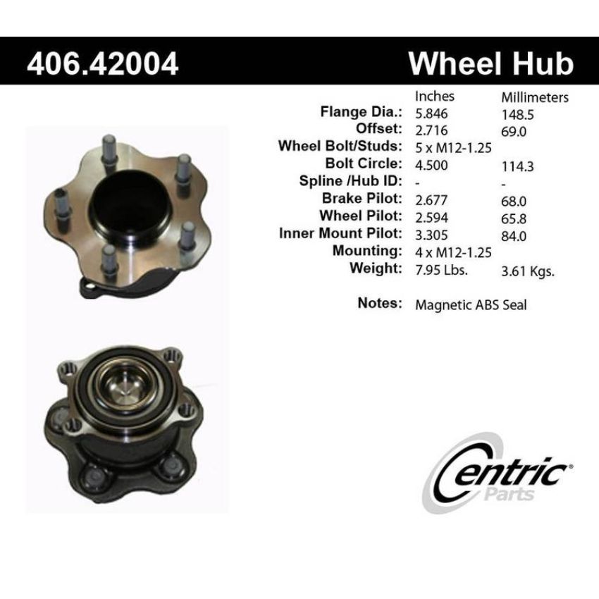 CENTRIC PARTS 406.42004 Centric Premium Hub and Bearing Assembly; With ABS