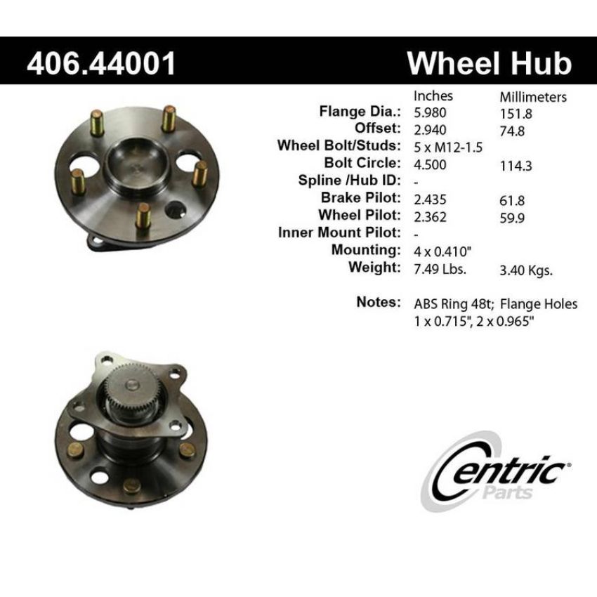CENTRIC PARTS 406.44001 Centric Premium Hub and Bearing Assembly; With ABS