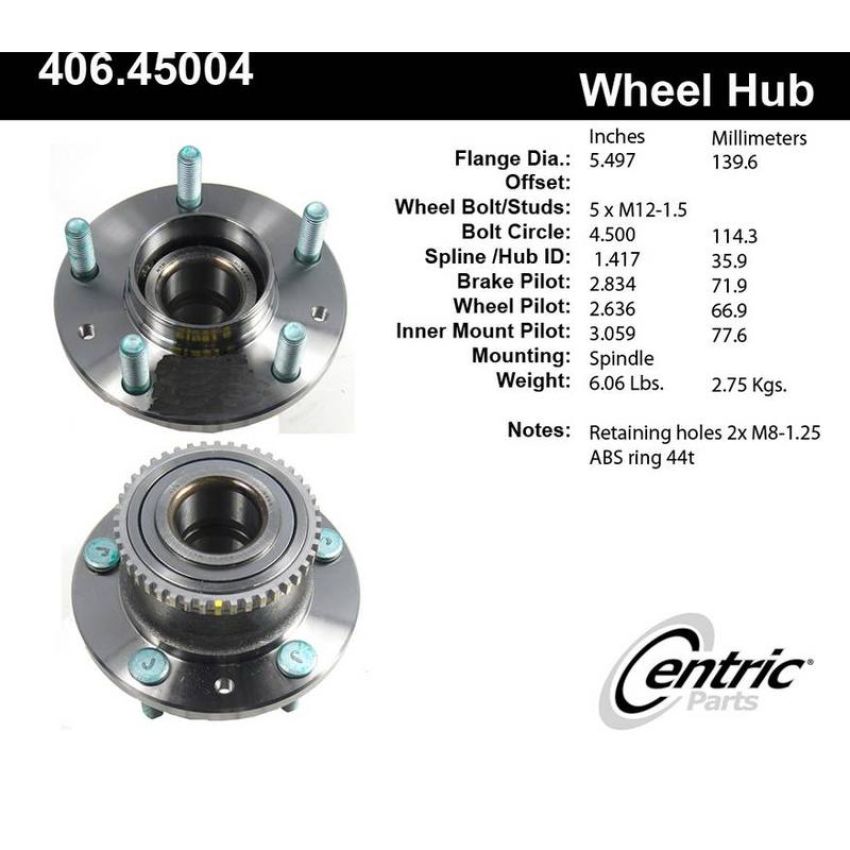 CENTRIC PARTS 406.45004 Centric Premium Hub and Bearing Assembly; With ABS